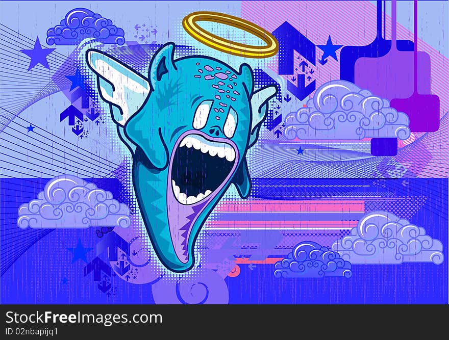 Angel Monster Illustration In Blue Background