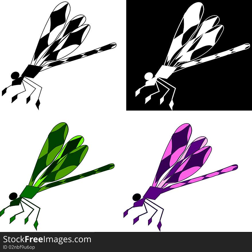 Funny stylization dragonfly in black &white and color illustration, Art element for design. Funny stylization dragonfly in black &white and color illustration, Art element for design.