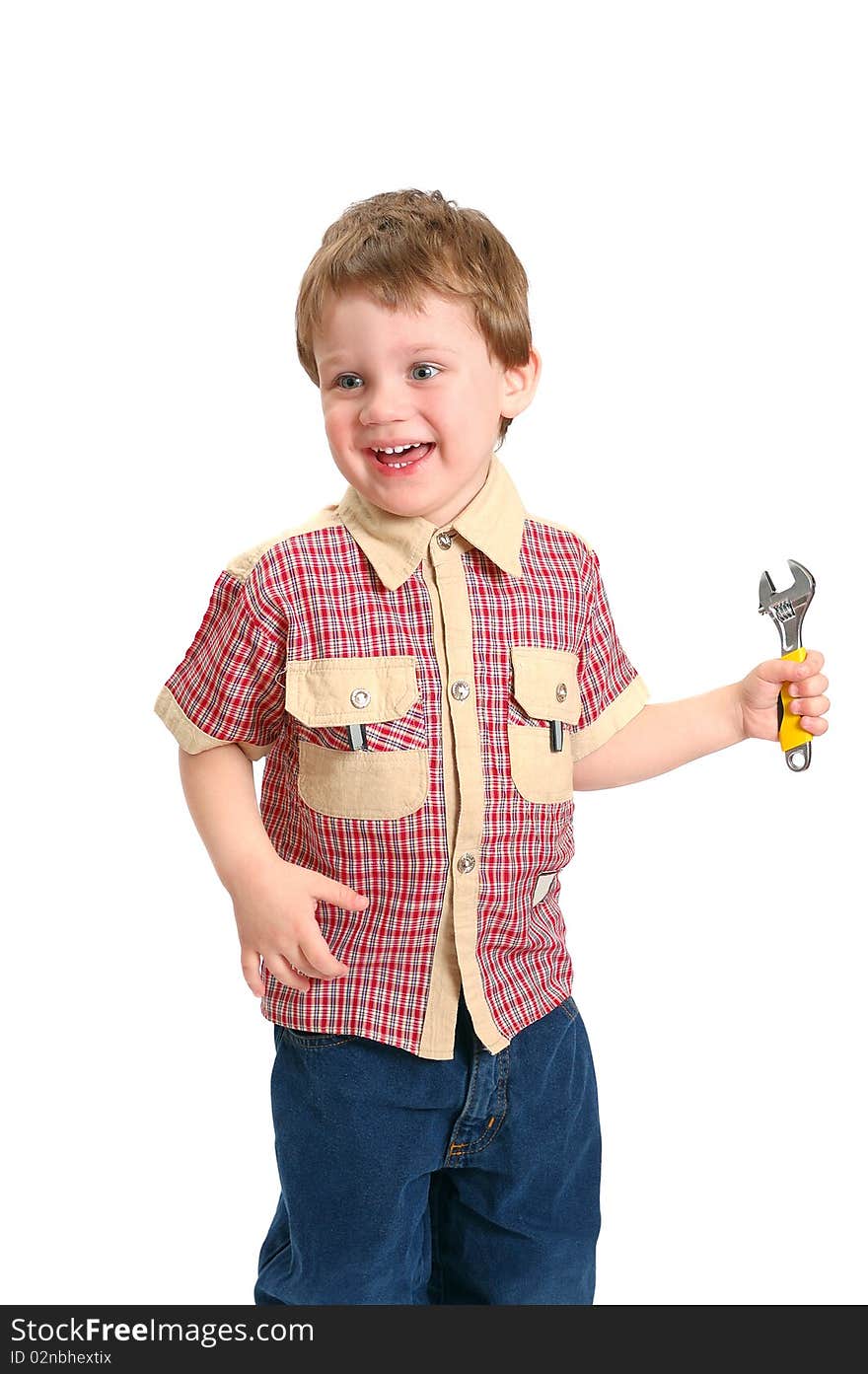 Little Boy With A Wrench On White