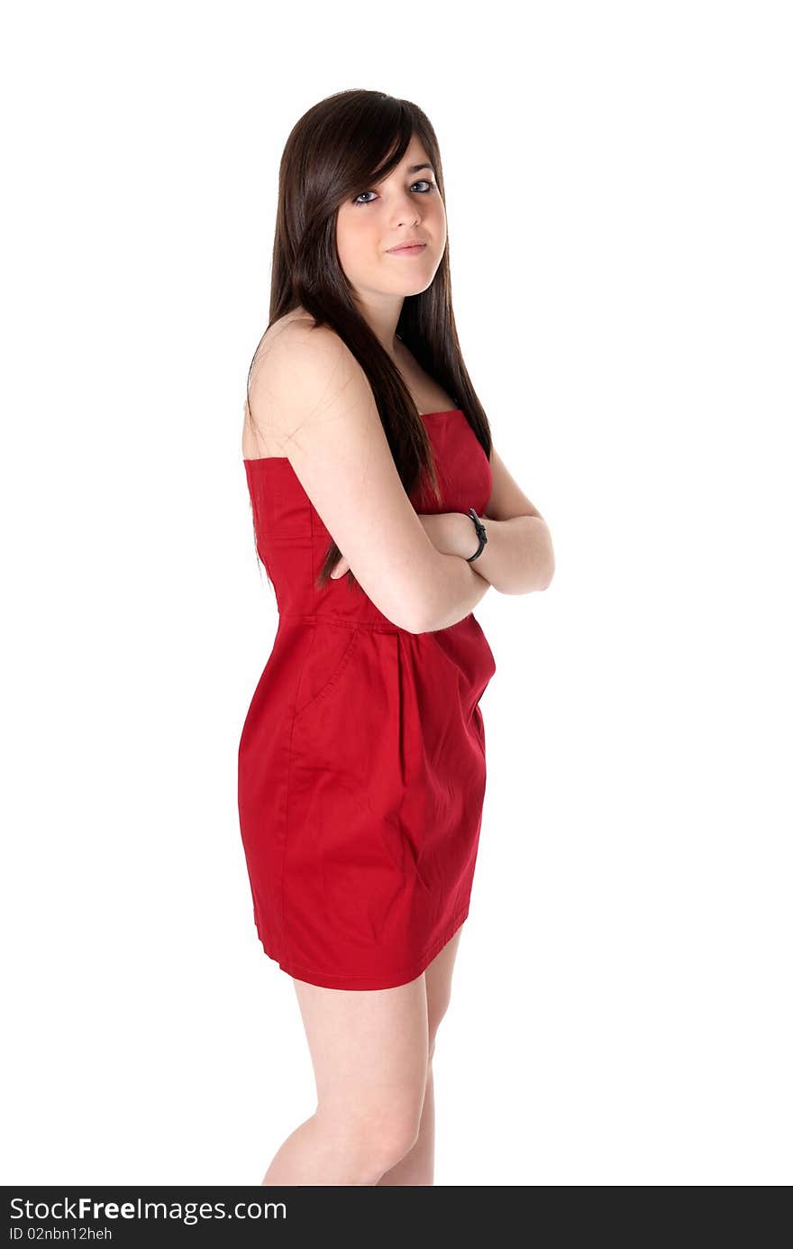 Young Beautiful Girl Red Dress Standing Isolated