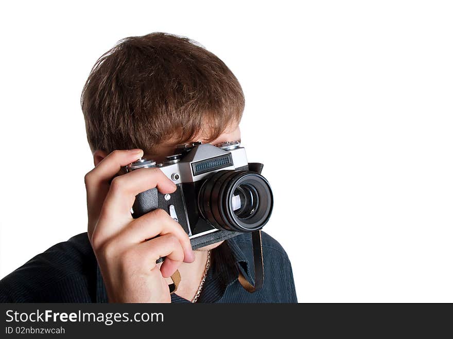 Man looking through the camera isolated on white background. Man looking through the camera isolated on white background