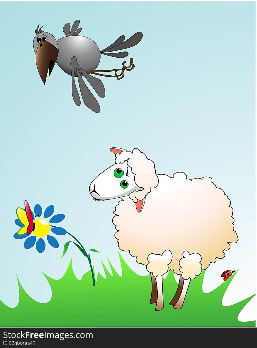 The  map of a lamb on a meadow and flying over it black. The  map of a lamb on a meadow and flying over it black