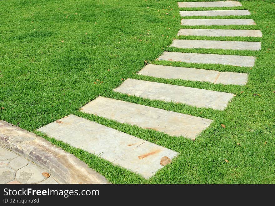 Stone way in green grass.