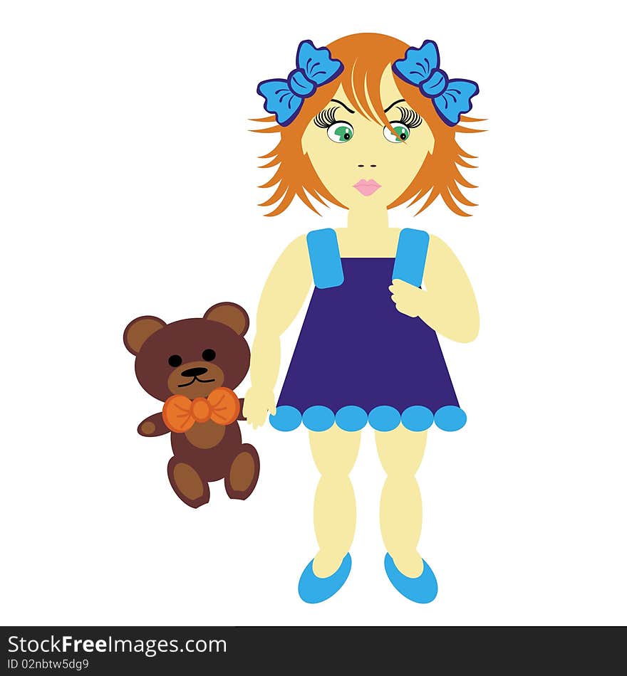 Girl with teddy bear on white