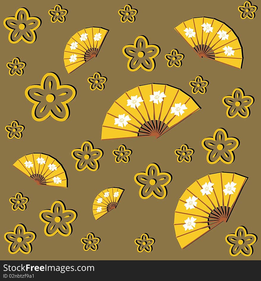 Background with fans and flowers on brown