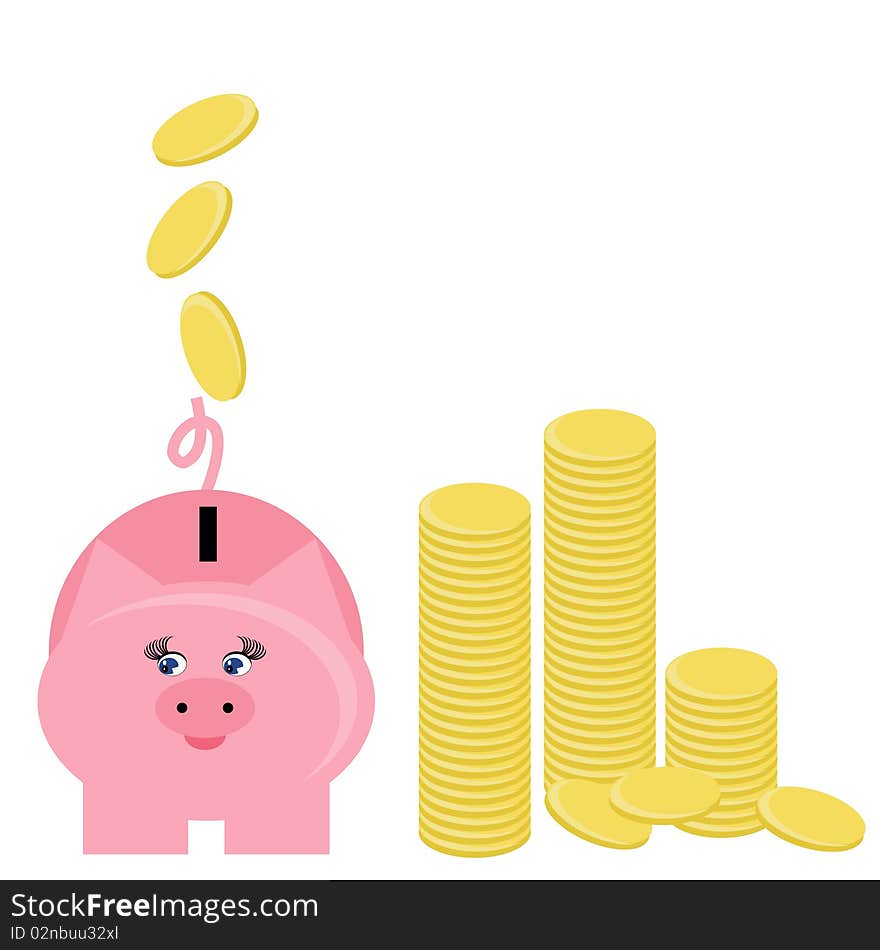 Piggy bank and coins