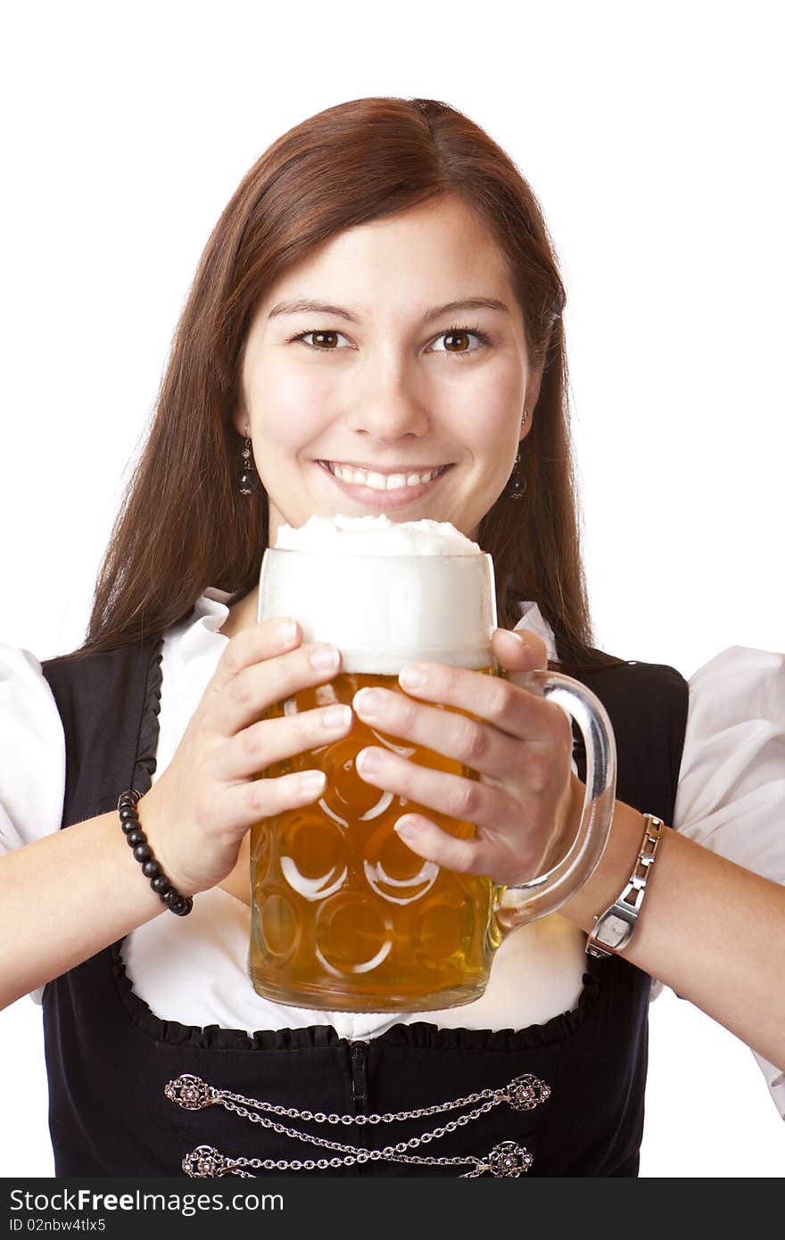 /Portrait of happy Bavarian woman with Oktoberfest beer stein. Isolated on white background.