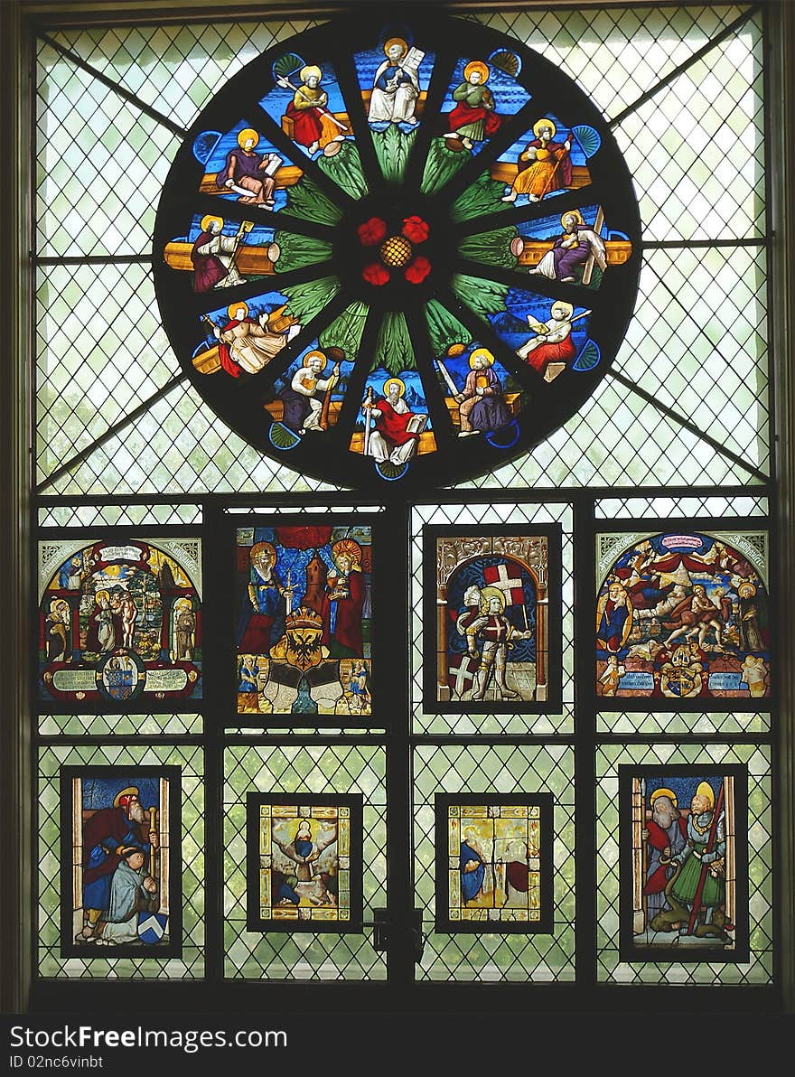 Switzerland, Geneva, stained glass in the museum of ceramics (Ariana Museum or the Swiss Museum of Ceramics and Glass).