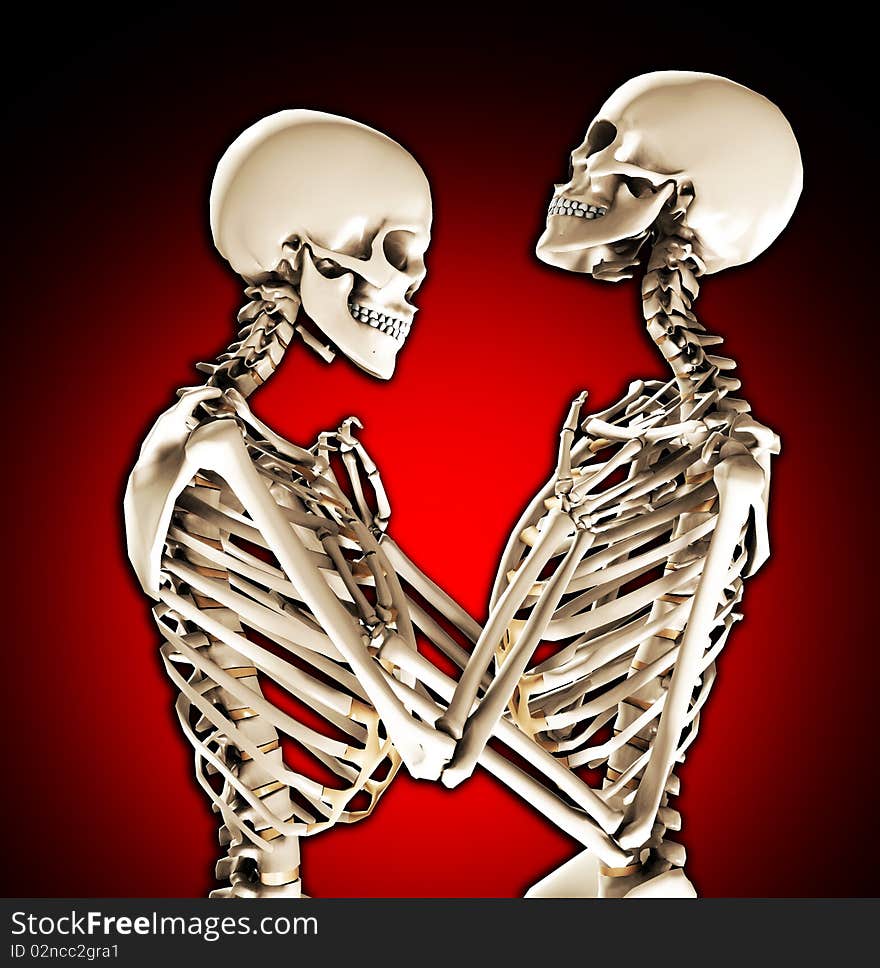 A pair of skeletons in a loving and tender pose. A pair of skeletons in a loving and tender pose.