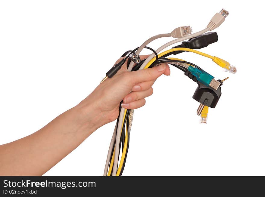 Woman taking different cables in the hand