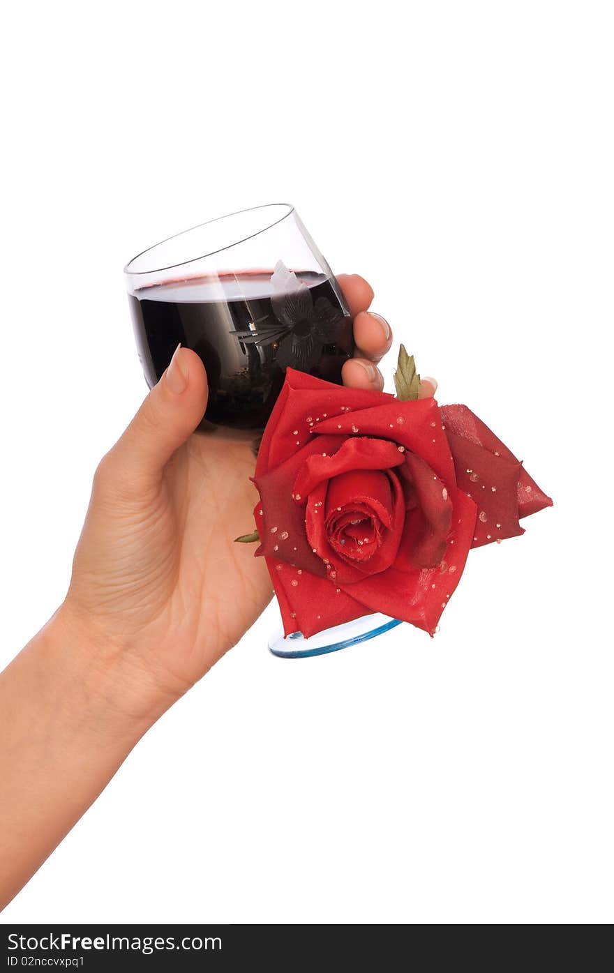 Woman take red rose and glass with red wine