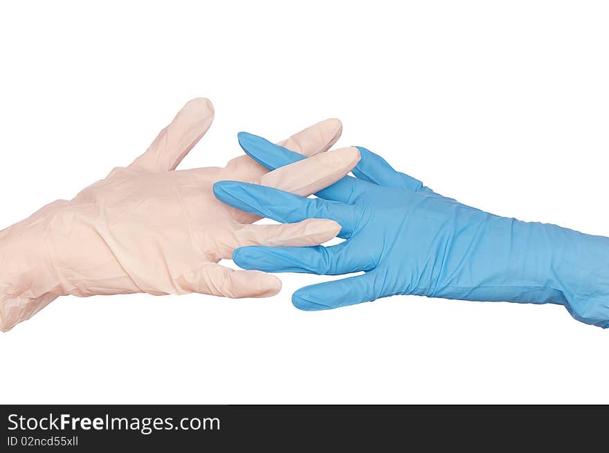 Doctor put blue and white sterilized medical glove for making operation