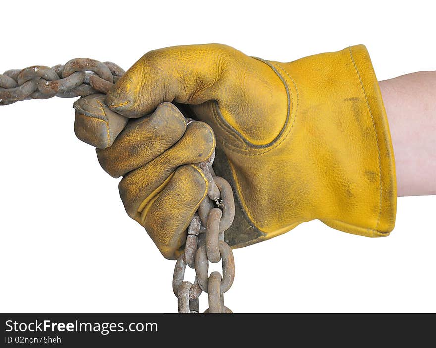 A gloved workman holding a rusty chain on a white background. A gloved workman holding a rusty chain on a white background