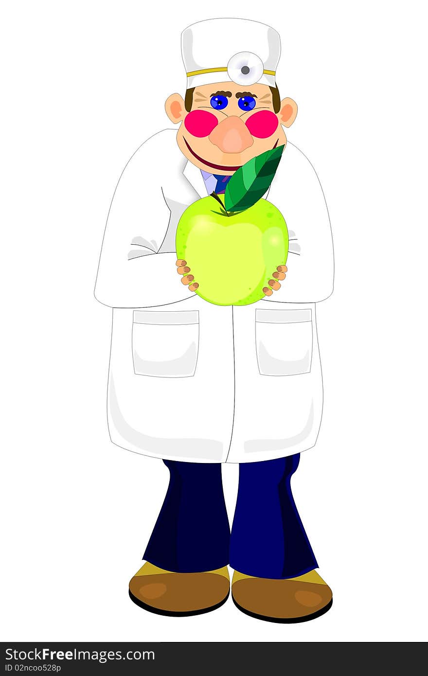 Smiling doctor with big green apple in hands