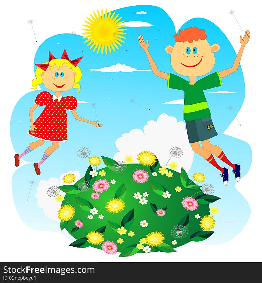 Children flying in the sky above green glade covered with flowers. Children flying in the sky above green glade covered with flowers