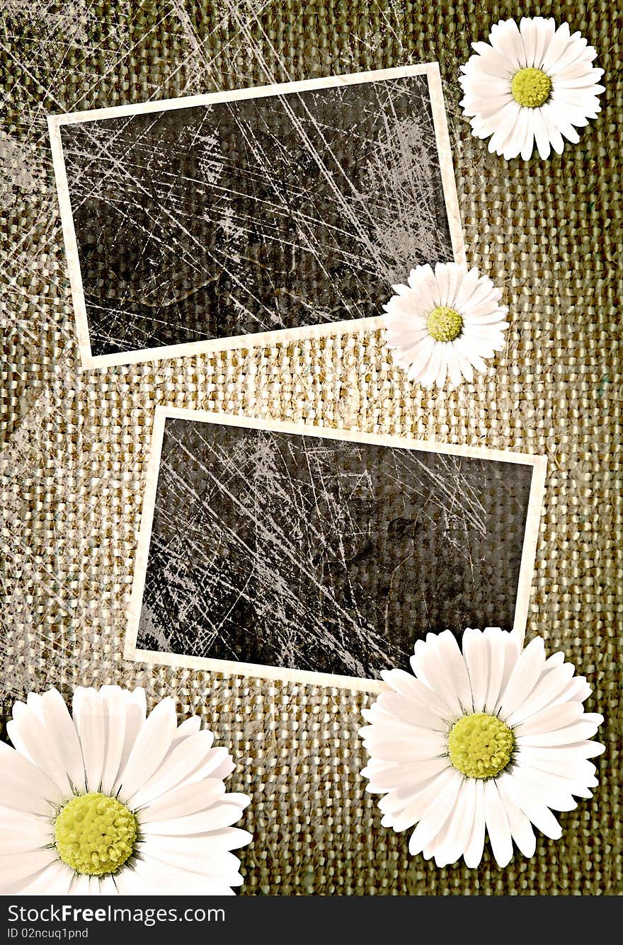 Vintage photo frames over grunge sack background