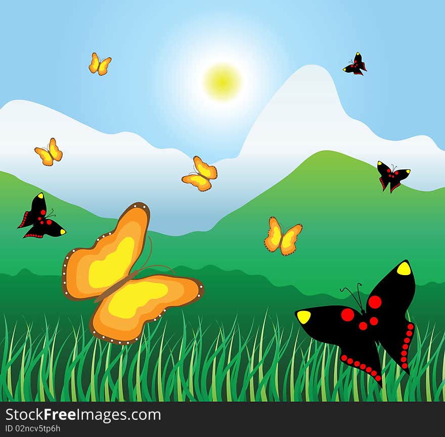 Motley butterflies fly on a mountain meadow. Vector illustration.