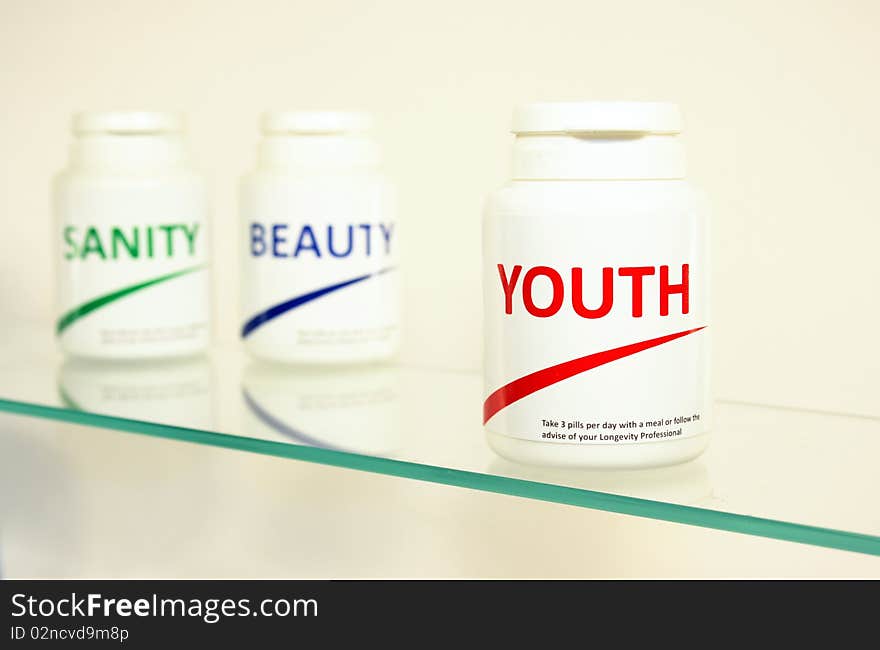 Sanity, Beauty and Youth pills in a bottle