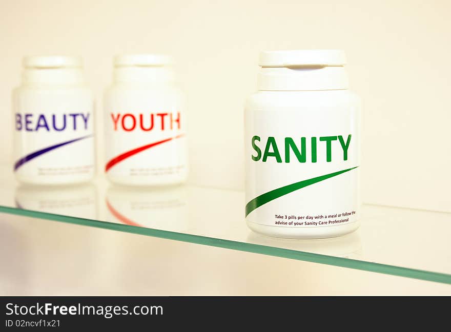 Sanity, Beauty and Youth pills in a bottle