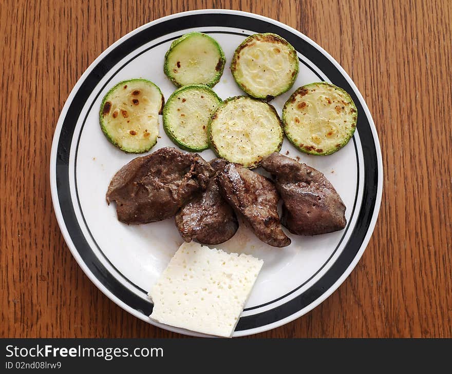 Slices of green and yellow Italian zucchini, pan fried and sprinkled with herbs. Served on white plate with chicken liver. Slices of green and yellow Italian zucchini, pan fried and sprinkled with herbs. Served on white plate with chicken liver.