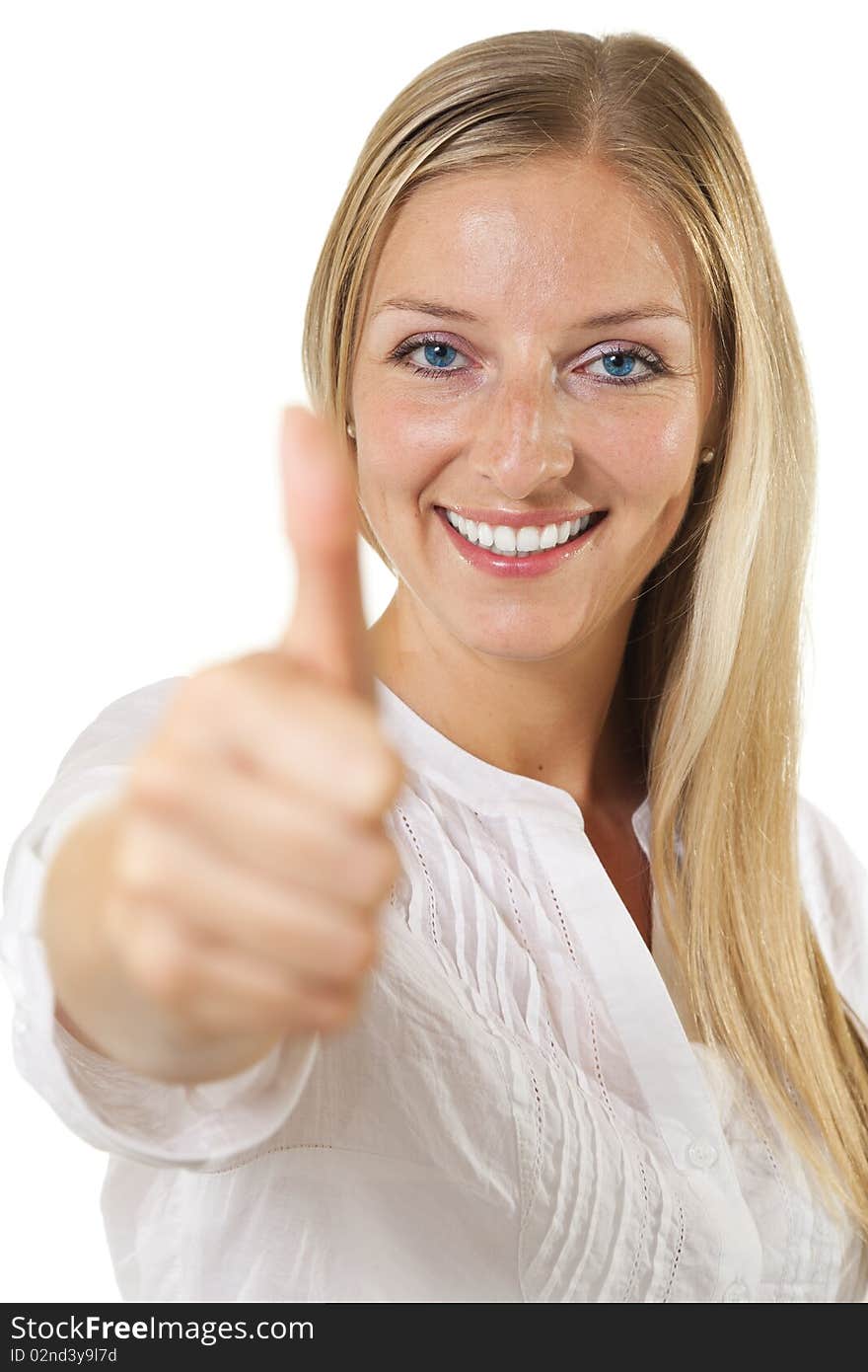 Woman showing OKAY sign and smiling on isolated white