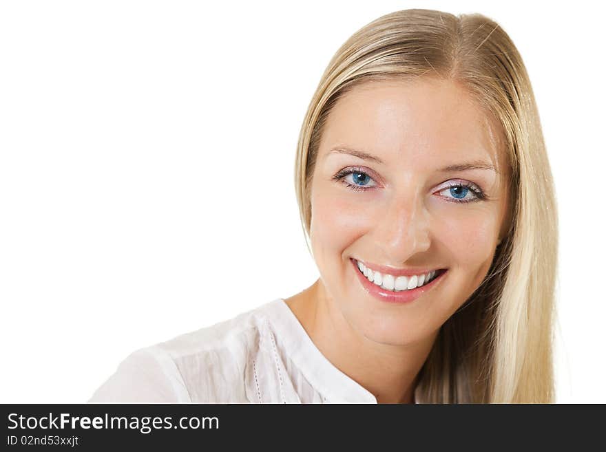 Caucasian young woman portrait on white isolated background