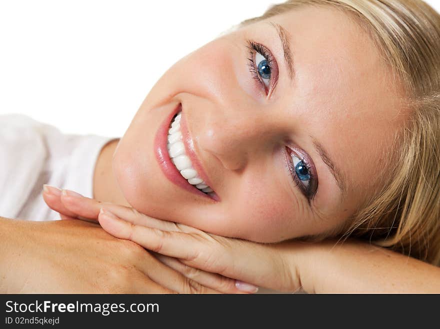 Caucasian young woman portrait on white isolated background