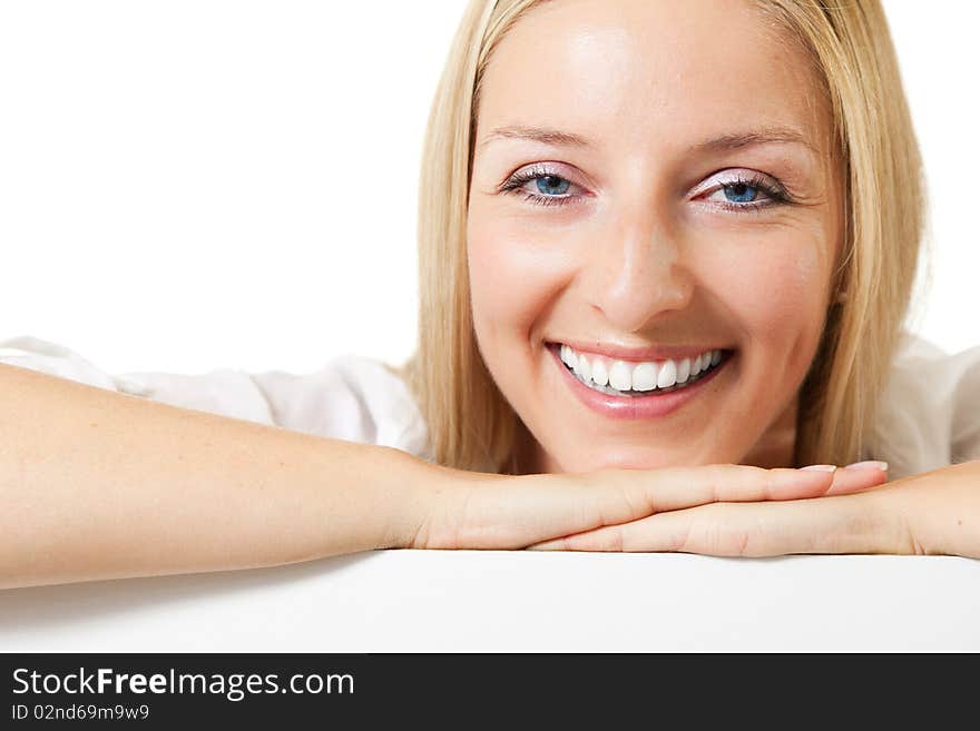 Caucasian young woman portrait on white isolated background