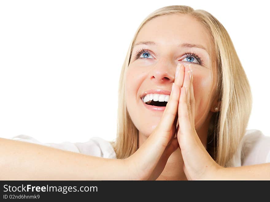 Caucasian young woman portrait on white isolated background