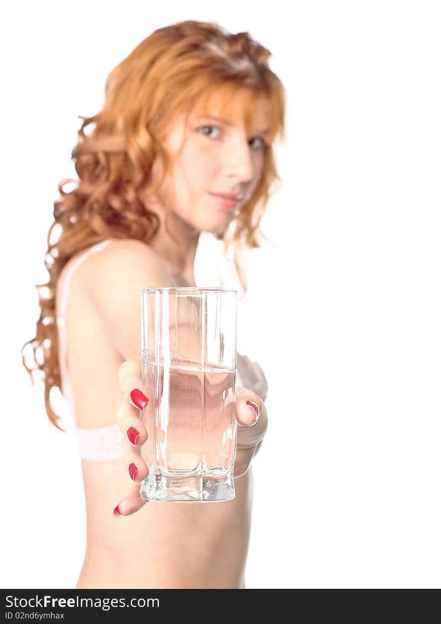 Healthy redhead young woman with glass of fresh water. Healthy redhead young woman with glass of fresh water