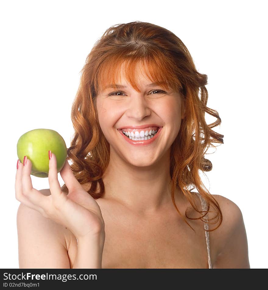 Young beautiful smilling woman holding an green apple. Young beautiful smilling woman holding an green apple