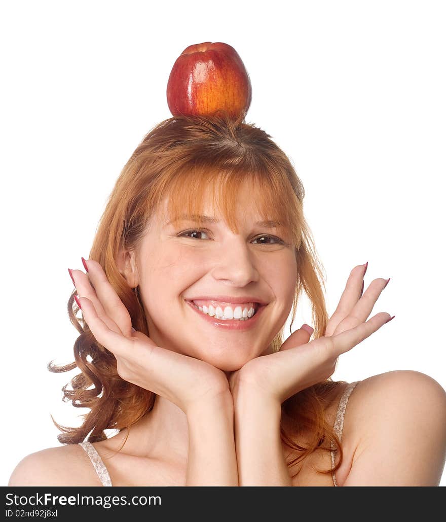 Portrait of cheerful woman with red apple on her head, over white. Portrait of cheerful woman with red apple on her head, over white