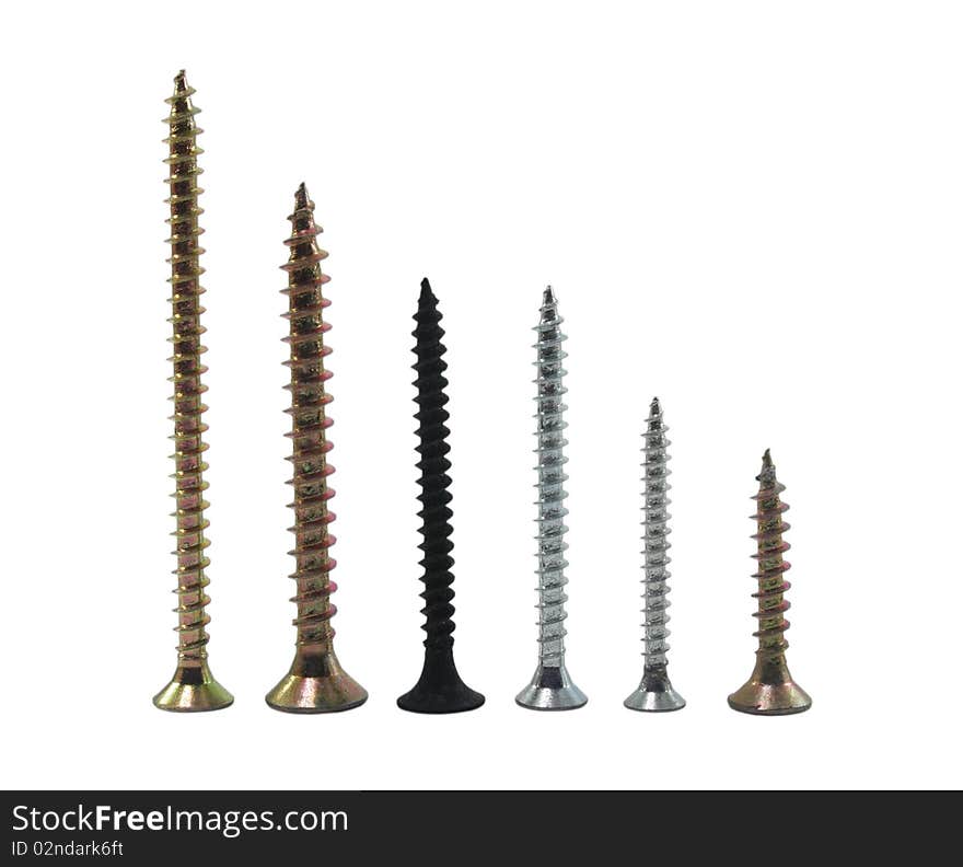 Six standing screws on the white background