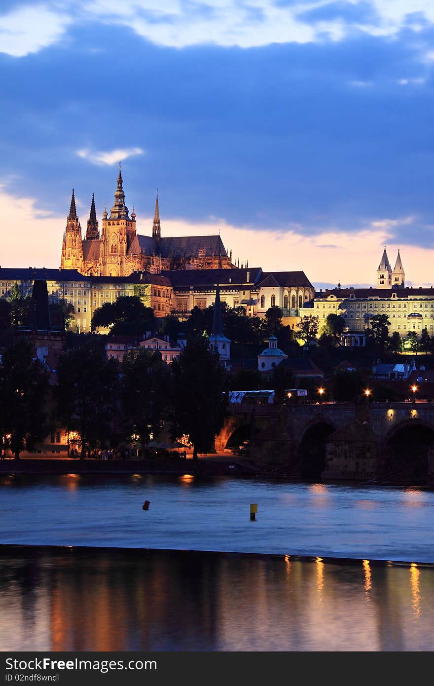 View on Prague with gothic Castle after Sunset