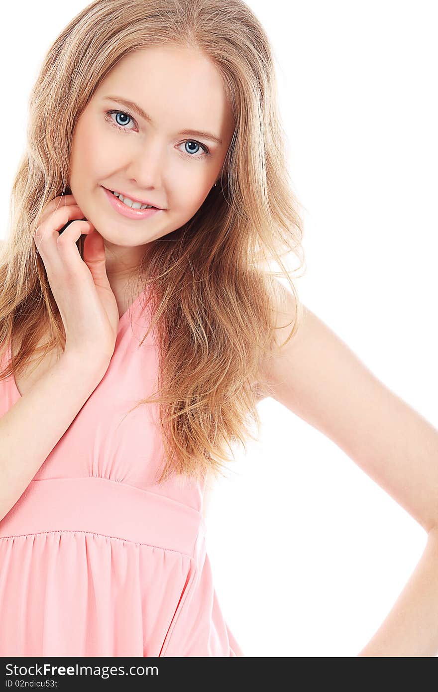 Portrait of a beautiful girl in a light summer dress. Isolated over white background.