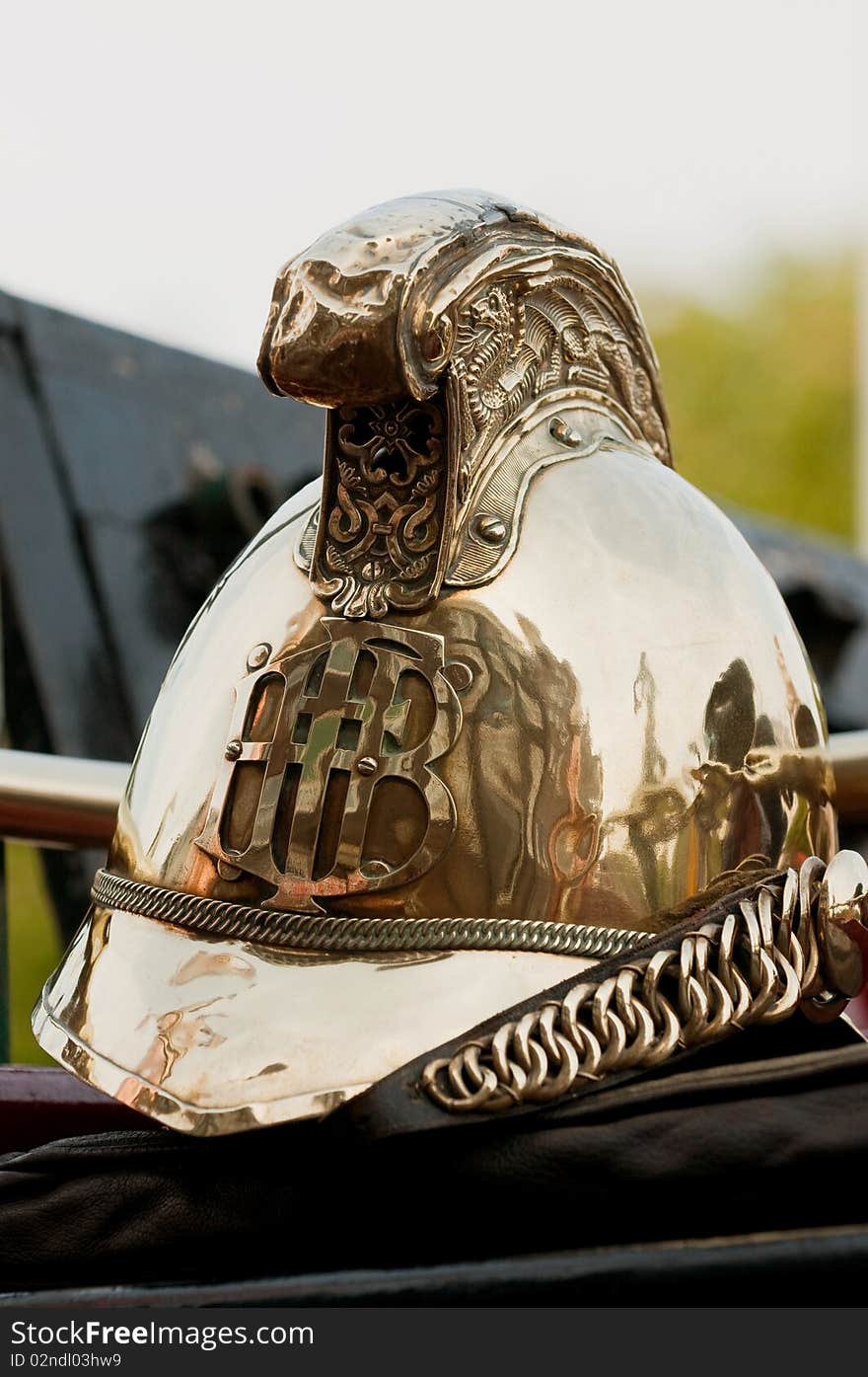 Old brass fire-brigade helmet