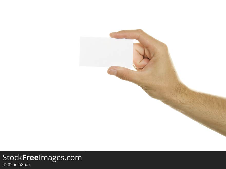 Business card in a man's hand. Isolated on white background