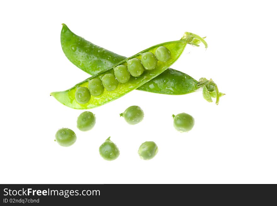 Fresh and nourishing peas on white background