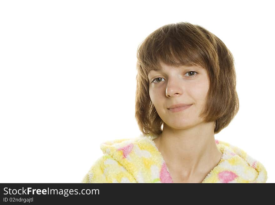 Woman in dressing gown holding a handkerchief around his nose. Isolated on white background. Woman in dressing gown holding a handkerchief around his nose. Isolated on white background