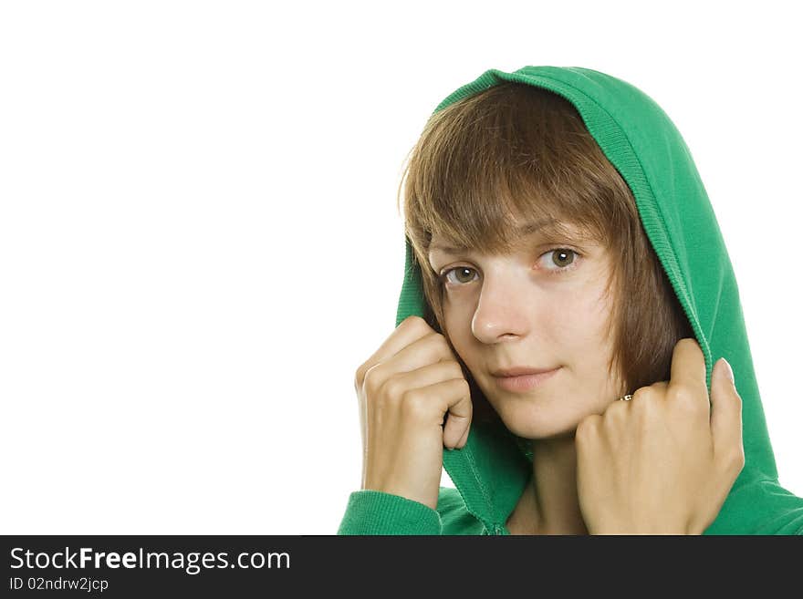 Photo of a casual teen wearing a green hooded sweatshirt. Photo of a casual teen wearing a green hooded sweatshirt.