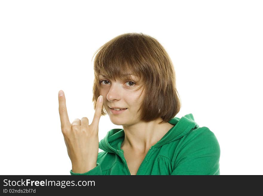 Photo of a casual teen wearing a green hooded sweatshirt. YO-sign. Photo of a casual teen wearing a green hooded sweatshirt. YO-sign