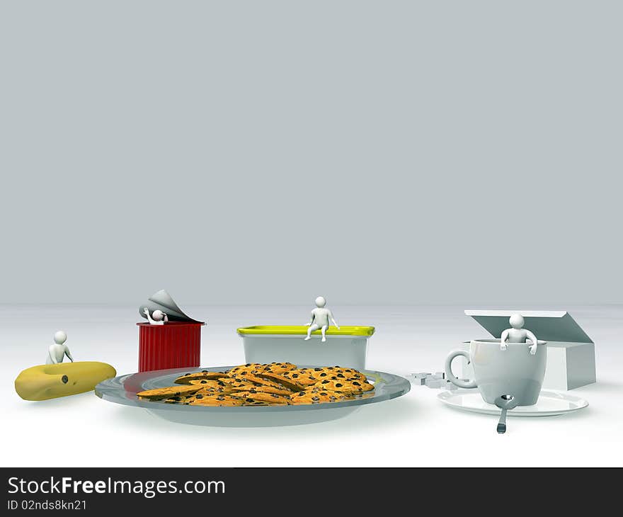 Breackfast table with 3d objects isolated on white background. Breackfast table with 3d objects isolated on white background