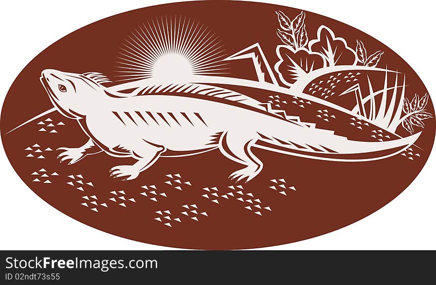 Illustration of a New Zealand tuatara looking up with landscape in background. Illustration of a New Zealand tuatara looking up with landscape in background