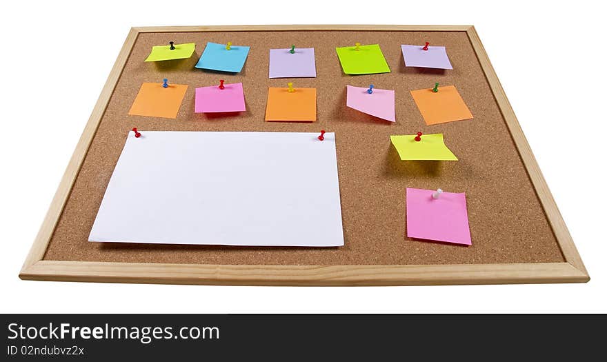 Cork office notice board with blank colorful sticker notes isolated over white background (wideangle)