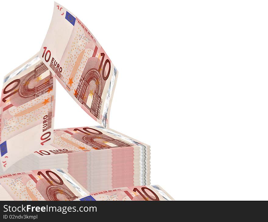 Illustration representing falling Ten Euro Banknotes over white. Illustration representing falling Ten Euro Banknotes over white