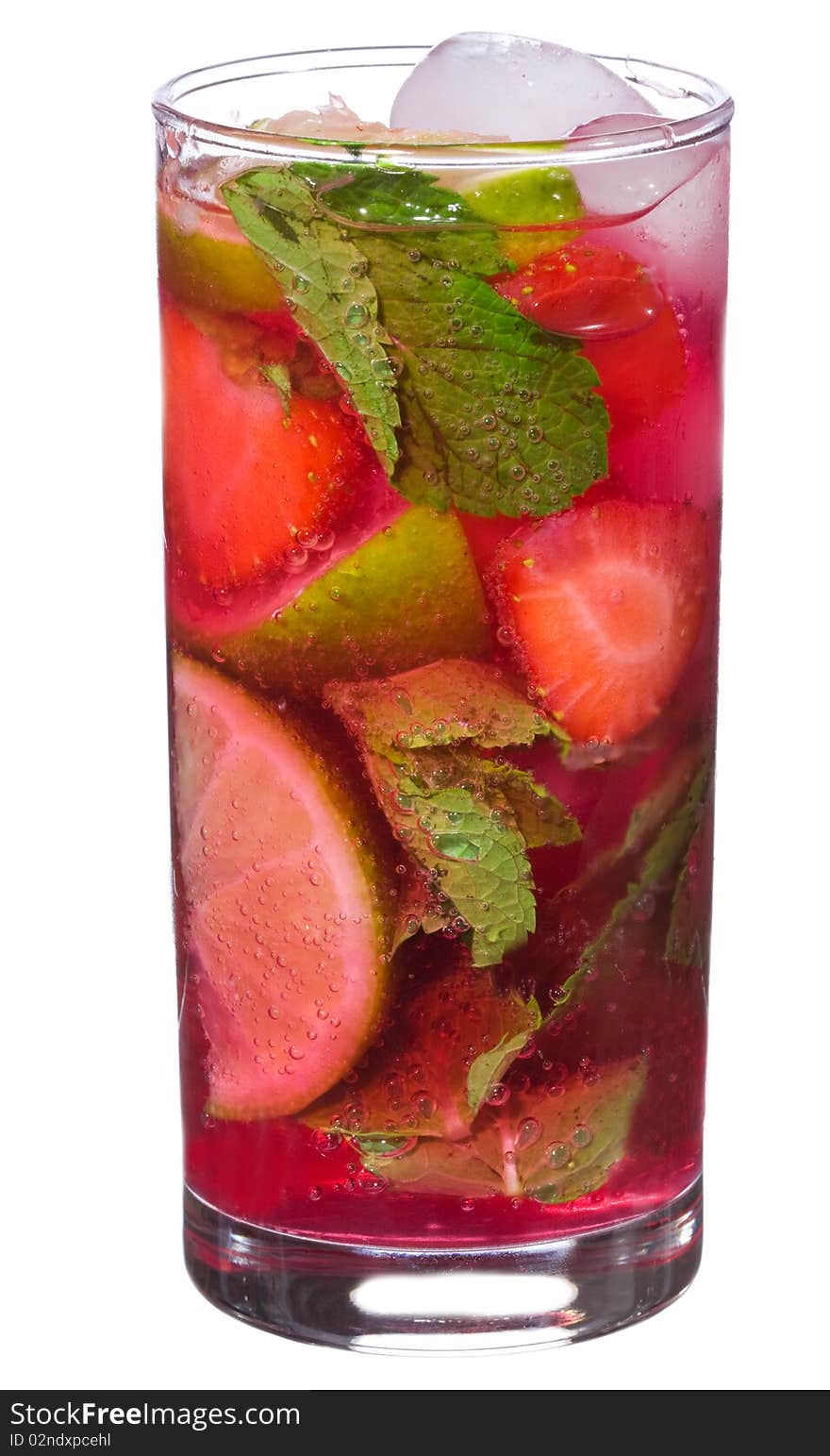 Cocktail with lime, strawberry and mint on white background