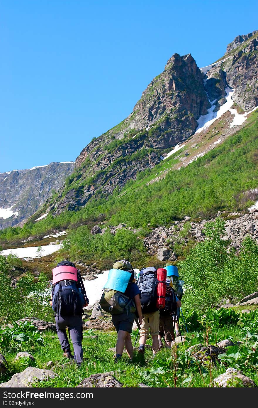 Hiker group in Caucasus mountains