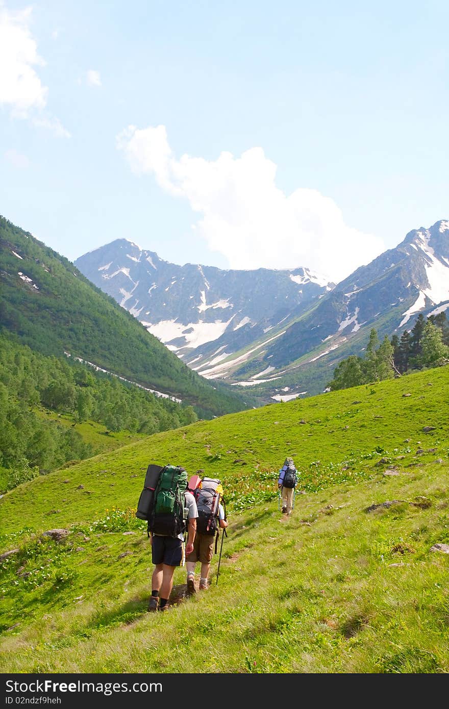 Hiker boys in Caucasus mountains