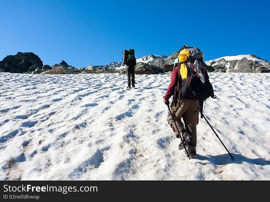 Hiker boys in Caucasus mountains