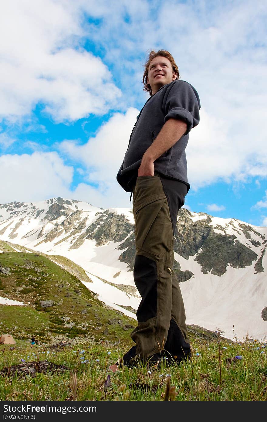 Hiker boy in Caucasus mountains